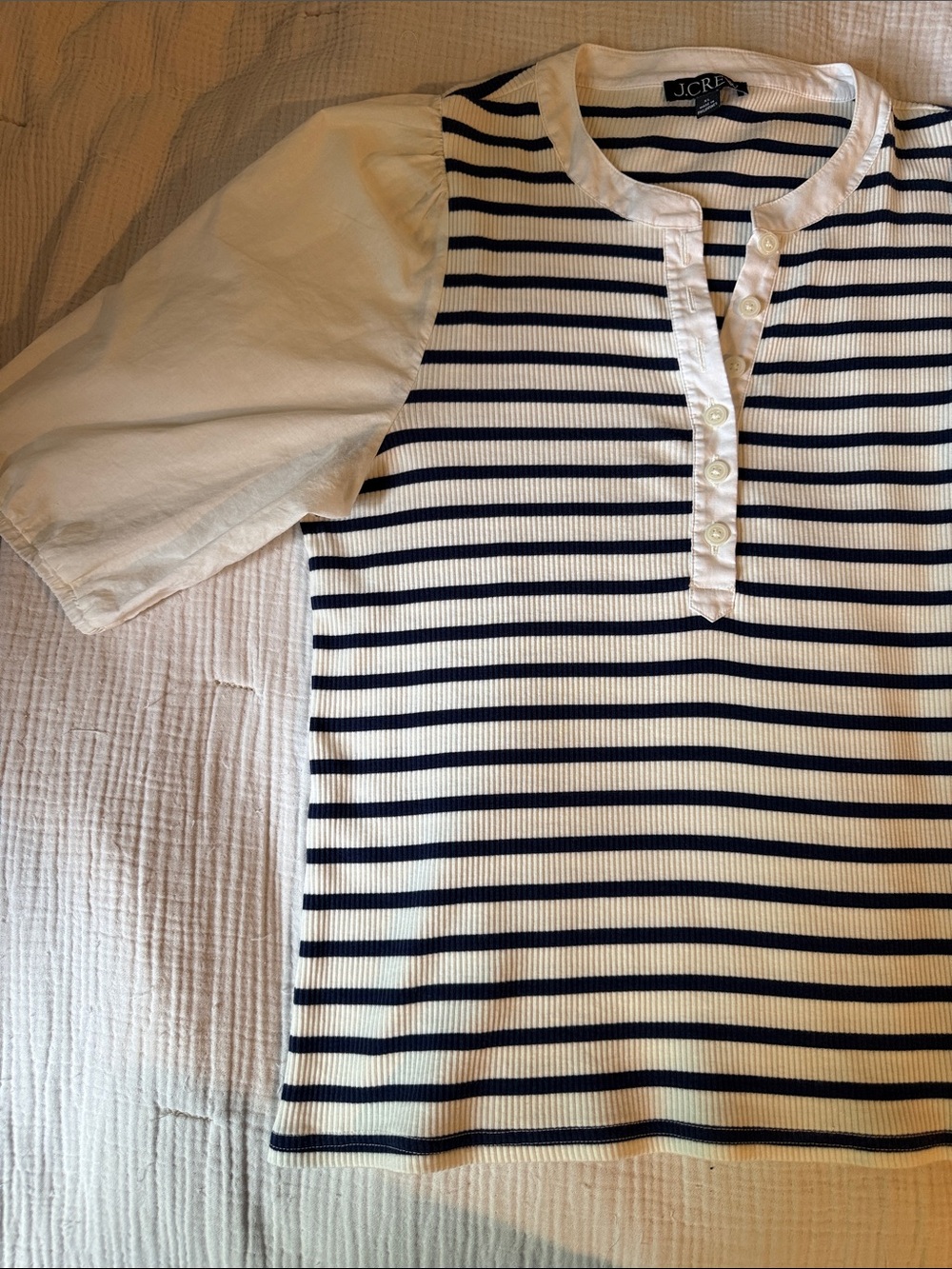 J Crew Ribbed Striped  Navy Blue / White Henley Top with Cotton Sleeves XL - Picture 9 of 9
